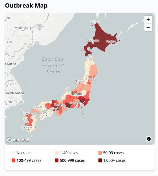 确诊病例地图。/日本新冠病毒追踪网站截图