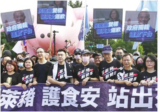 “秋斗”今天下午登场，国民党前主席朱立伦（前排左三）、主席江启臣（左四）、前主席马英九（左五）、前主席吴敦义（右三）也在游行队伍中。图自台湾“联合新闻网”