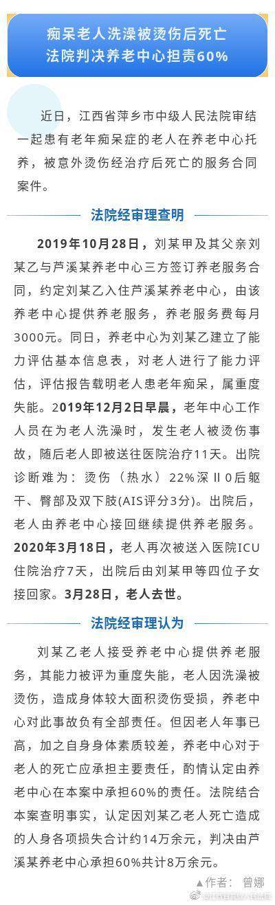 江西一老人养老中心被烫伤后去世，涉事机构被判担主责赔8万