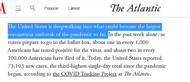 △《大西洋月刊》指出，美国正梦游般地进入可能是迄今为止最大的一波疫情暴发