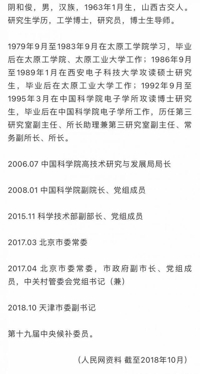 阴和俊履新中科院党组副书记，此前任天津市委副书记