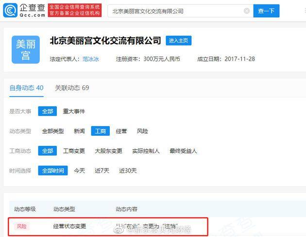 范冰冰注销美丽宫公司