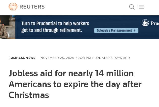△路透社称，近1400万美国人的失业救济将在圣诞节后一天到期