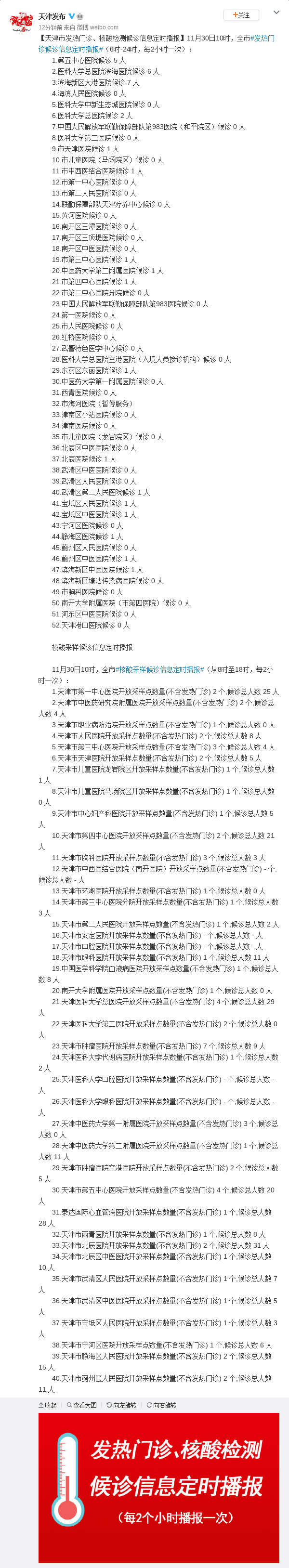 11月30日天津市发热门诊、核酸检测候诊信息播报