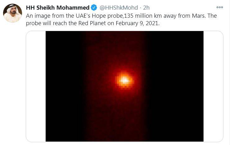 △阿联酋副总统兼总理、迪拜酋长穆罕默德在个人社交账号上发布希望号遥望火星照片