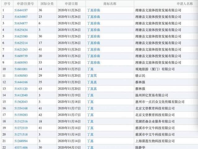 丁真商标遭抢注。中国商标网图