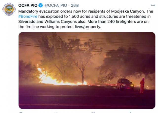 受强风助推 美国南加州橙县再起山火