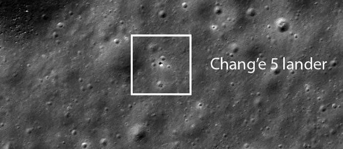 NASA的月球勘测轨道飞行器LRO拍摄到月球表面的嫦娥五号探测器