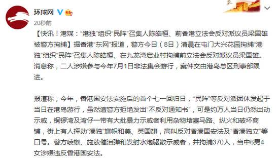 港媒：“港独”组织“民阵”召集人陈皓桓、前香港立法会反对派议员梁国雄被捕