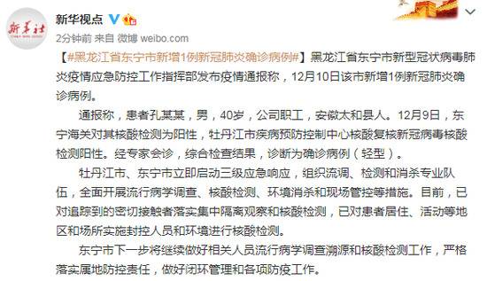 黑龙江省东宁市新增1例新冠肺炎确诊病例