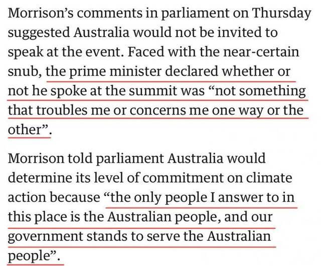△莫里森表示，丝毫不会改变澳大利亚国内的政策，也不会寻求国际峰会的发言机会。他强调称，他只负责澳国内事务，为澳大利亚人民服务。