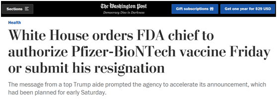 外媒：白宫要求FDA局长当地时间11日批准新冠疫苗 否则就让其辞职
