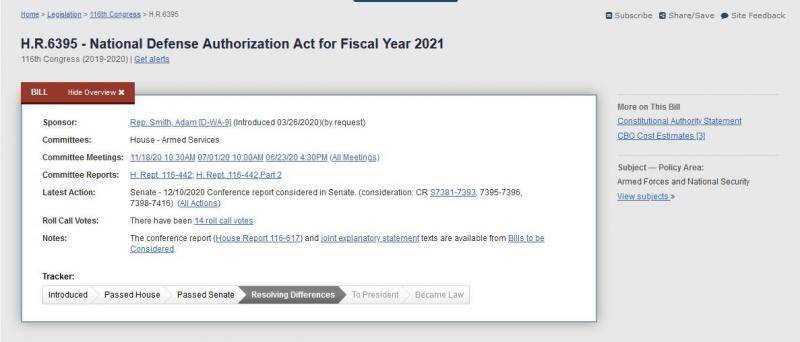 美国国会网站显示，2021财年国防授权法案已在参众两院通过
