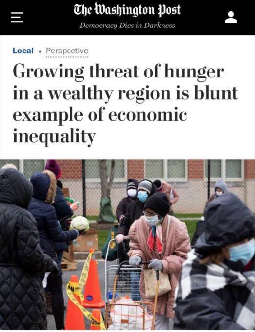 △《华盛顿邮报》称，富裕地区饥饿人口不断增加是贫富差距扩大的直接表现