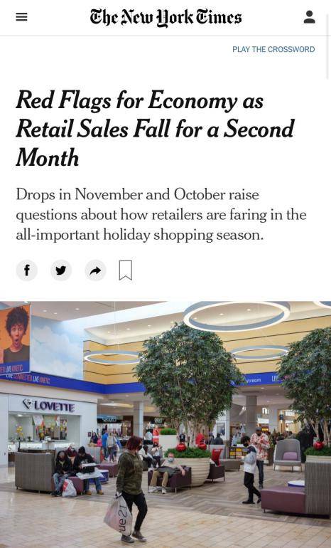 △《纽约时报》报道，美国11月零售额下滑1.1%，为经济复苏敲响警钟