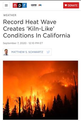 △美国国家公共广播公司（NPR）报道加利福尼亚州高温天气导致大面积火灾