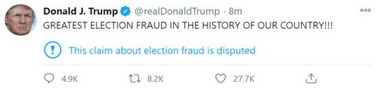 特朗普又发推谴责“美国史上最大选举舞弊” 马上就被推特贴标签