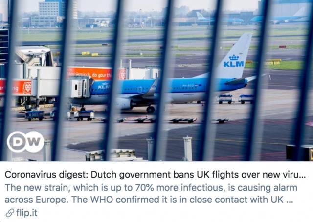 因发现变异新冠病毒，荷兰政府禁止英国航班飞抵。/德国之声报道截图