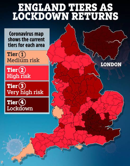 英国防疫等级示意图，颜色深最深区域为四级封锁区域，以伦敦和周边城市为主。
