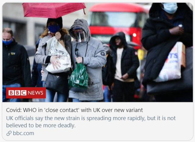 世卫组织与英国密切交流新冠病毒新变种的信息。/BBC报道截图