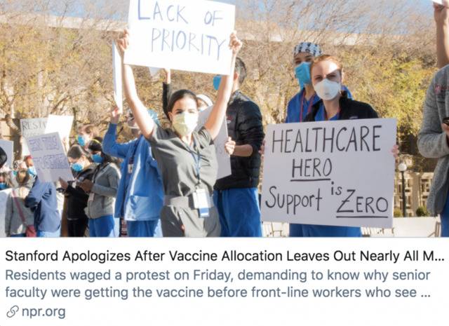 在新冠疫苗接种计划几乎排除了所有一线医护人员后，斯坦福大学道歉了。/美国国家公共电台报道截图
