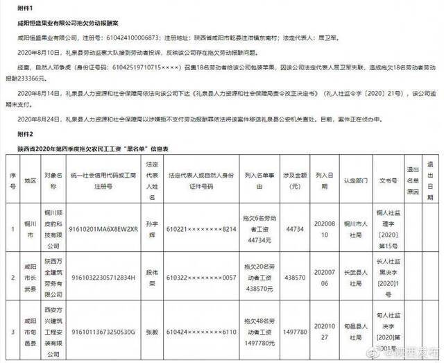 陕西省人社厅公布拖欠工资黑名单