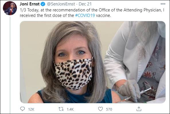 厄恩斯特宣布自己已接种疫苗，推特截图
