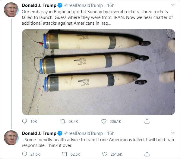 特朗普宣称袭击中未发射的火箭弹“来自伊朗”，弹体上有英文注明“107毫米”口径