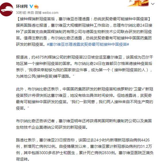 塞尔维亚总理透露：总统武契奇最可能接种中国疫苗