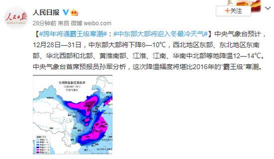 跨年将遇霸王级寒潮：中东部大部将迎入冬最冷天气