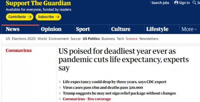 △专家称，由于新冠疫情的大流行会削减人均寿命，2020年或将成为美国最致命的一年。（图片来源：《卫报》）