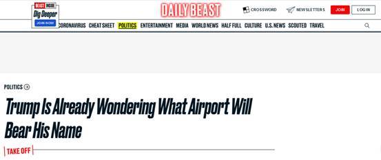 美媒爆料：离开白宫前，特朗普还想用他的名字命名一座机场