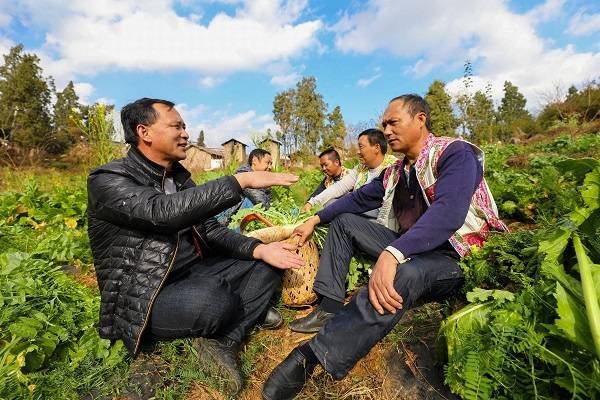 陆良县纪委监委深入少数民族村开展走访调研，为当地群众有产业、可持续、稳定脱贫提供监督保障。龙海乡纪委干部在古都依村和劳作间隙的彝族群众席地而坐交谈。（王勇摄）