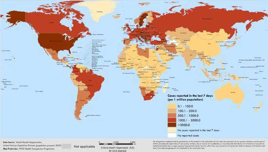 最近一周全球新增病例情况，颜色越深表示新增病例越多。据世界卫生组织
