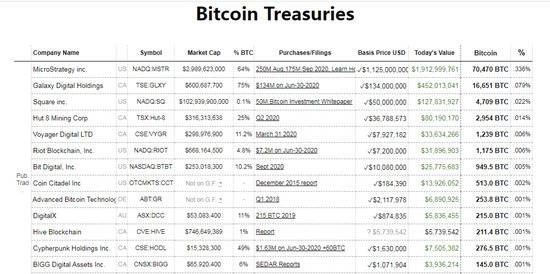 部分投资比特币的机构图片来源：Bitcoin Treasuries官网截图