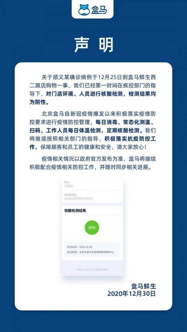 北京盒马称西二旗店员工及店内环境核酸检测均为阴性