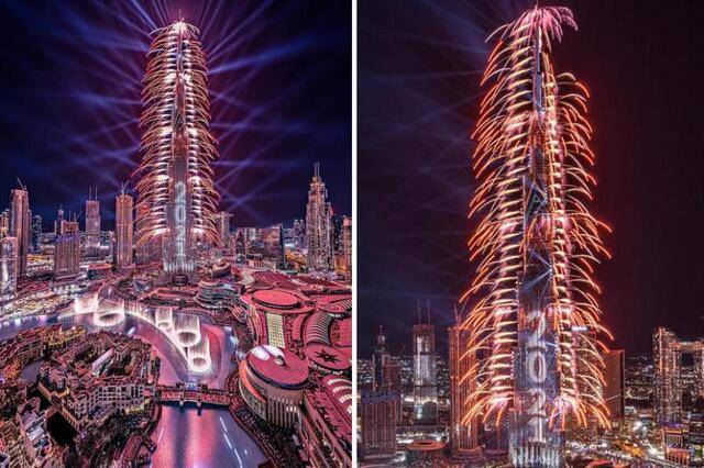 世界第一高楼上演烟花灯光秀。（图源：迪拜媒体）