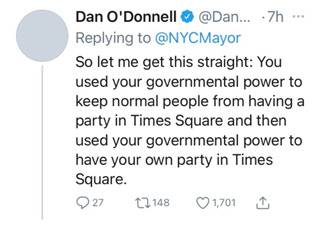 外媒：告诫民众不要外出之后，纽约市长自己在时报广场跨年