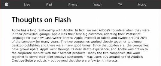△乔布斯《Thoughts on Flash》文章截图（图片来自网络）