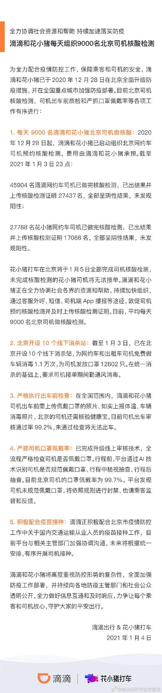 花小猪打车：将于1月5日全部完成在京司机核酸检测，未完成司机将无法接单