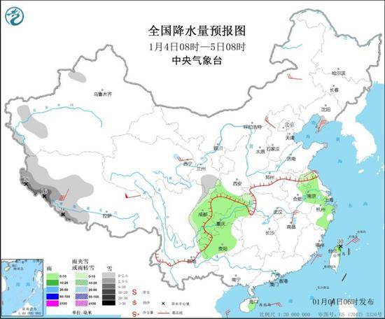 图1全国降水量预报图（1月4日08时-5日08时）