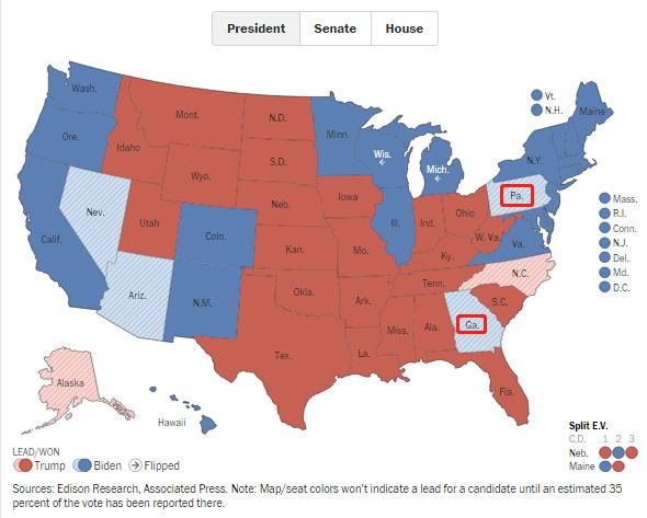 ↑此次美国大选中，总共有36张选举人票之多的佐治亚州和宾夕法尼亚州“翻蓝”，为拜登奠定胜局