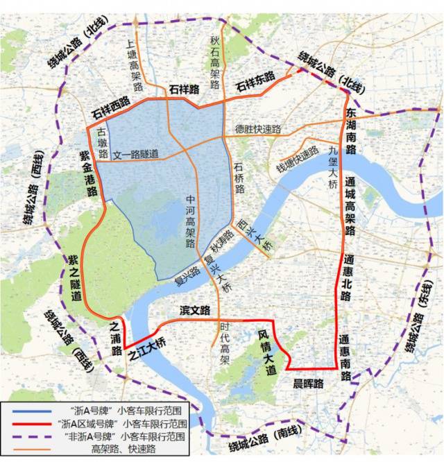 杭州市工作日高峰时段区域“错峰限行”交通管理措施调整示意图