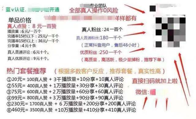 刷量人员在社交网络上发帖揽客的报价表。受访者供图