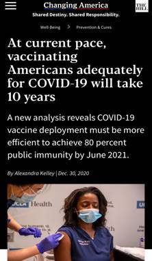 △美国媒体《国会山》报道，按照现有速度，美国依靠新冠疫苗实现群体免疫需要10年时间