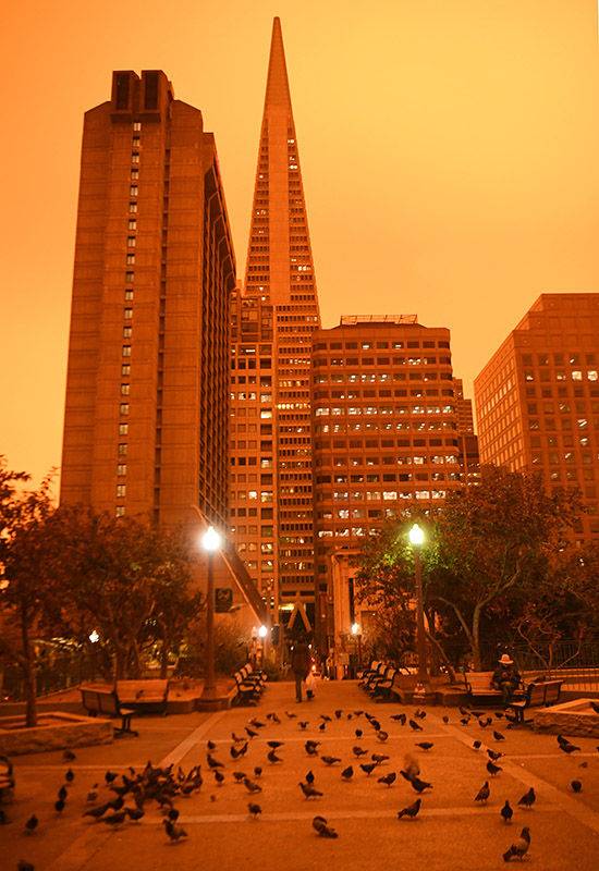 ↑这是2020年9月9日中午拍摄的美国加利福尼亚州旧金山街景。加利福尼亚州北部山火连日燃烧，形成的烟尘遮天蔽日。受其影响，9日正午时分，旧金山仍如夜晚般昏暗。新华社记者吴晓凌摄
