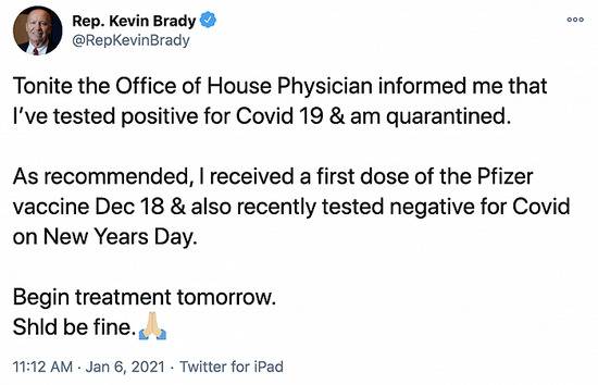 美共和党众议员凯文·布拉迪新冠检测呈阳性，上月曾接种辉瑞疫苗