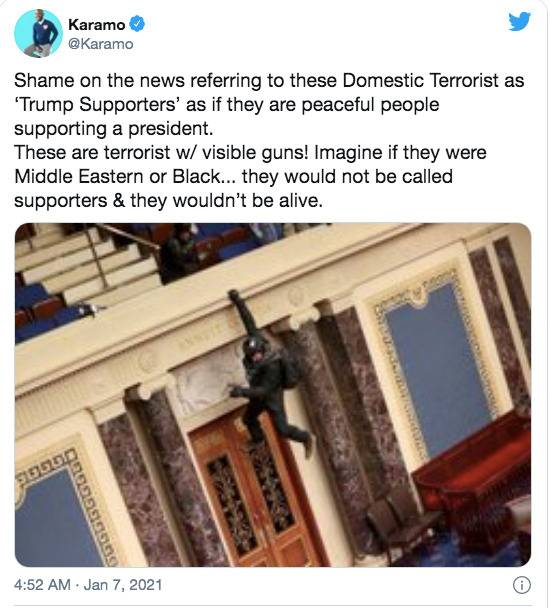 卡拉莫·布朗形容支持特朗普的抗议者为“恐怖分子”
