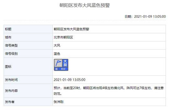 阵风7级！北京朝阳区发布大风蓝色预警