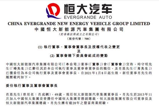 中国恒大新能源汽车：委任肖恩为本公司执行董事及董事会董事长